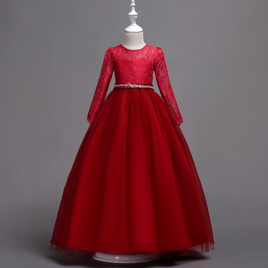 

Girls Long Sleeve Mesh Ball Gown Lace Trim Rhinestone Wedding Party Princess Dress Stage Performance Outfit 120cm червоний