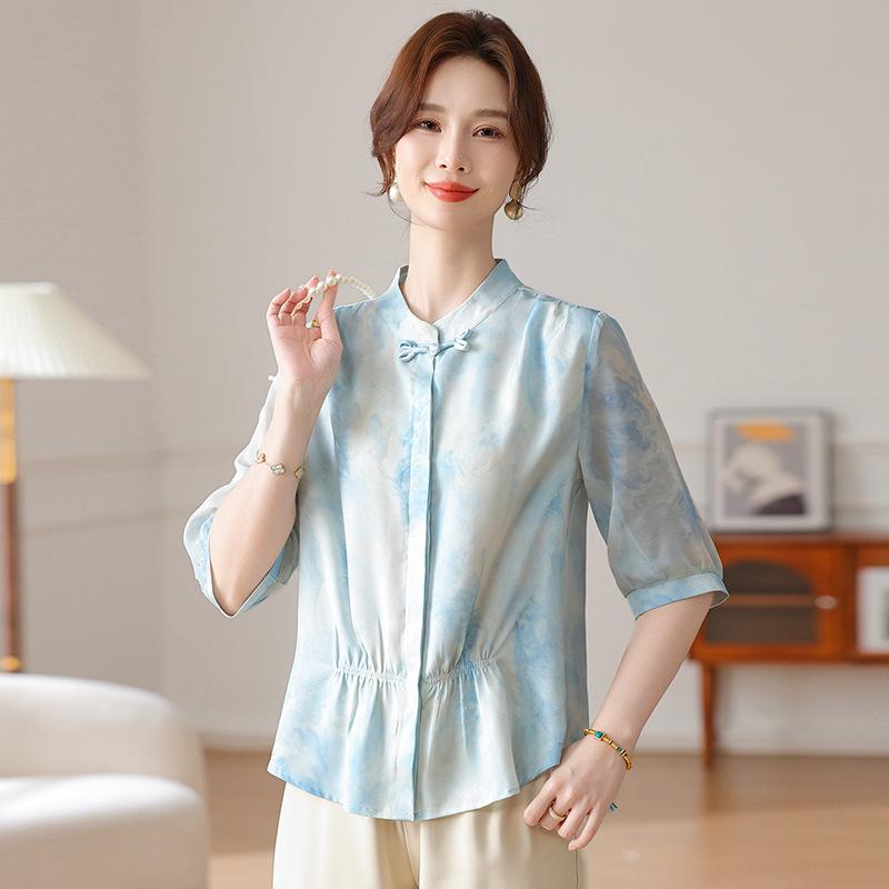 

Elegant Chinese Style Slimming Pleated Shirt for Mature Women XXXL (suggested 120-130 jin) синій