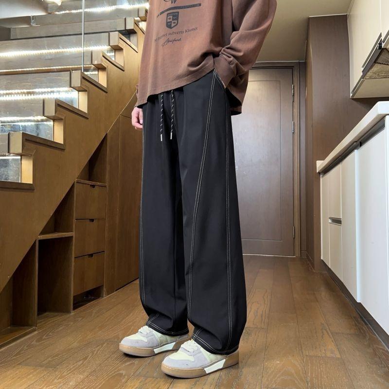 Men's Wide-Leg Pants Drawstring Waist Contrast Stitching Loose-Fit Casual Daily Trousers
