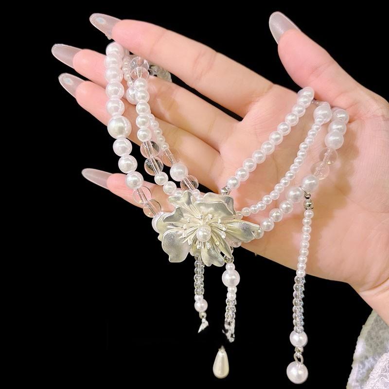 French Light Luxury White Flower Pearl Crystal Fringed Necklace Niche Design Collarbone Chain Temperament Small Fragrant Neck Chain