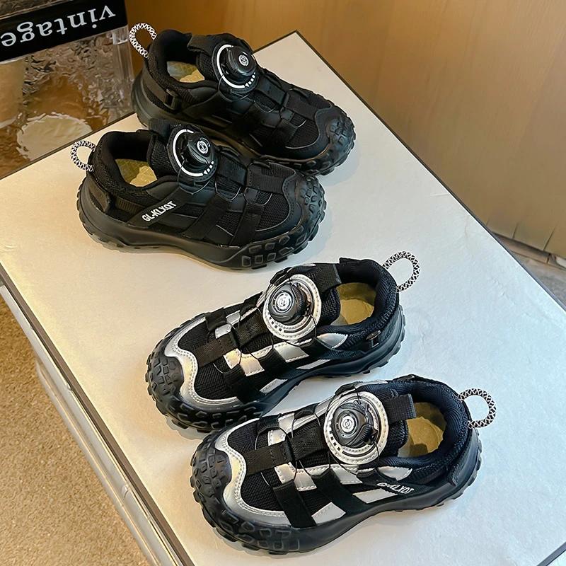 Students Running Shoes Thick Soft Sole Kids Sports Shoes with Rotating Buttons 2024 New Boys Girls Sneakers Non-slip Toes Capped