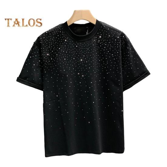 Summer Men T-shirt Rhinestone Decor Round Neck Loose Pure Color Short Sleeves Pullover Casual Mid Length Daily Wear Sport Top
