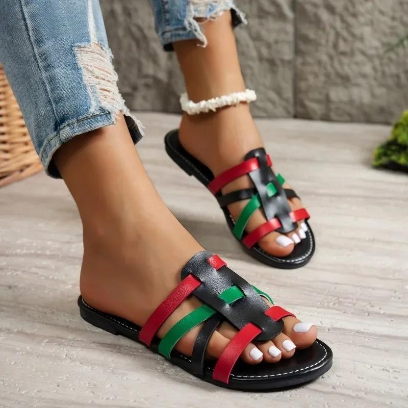 Fashion Women's Slippers 2025new Trendy Color Matching PU Leather Summer Selling Beach Open-toe Slippers Outdoor Non-slip Flat Flip-flop