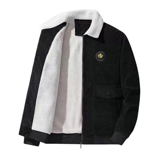 

Мужская куртка с лацканами, длинный рукав, плюшевая подкладка, пальто с карманами с клапанами, застежка-молния по всей длине, однотонная утолщенная теплая вельветовая верхняя одежда M чёрный