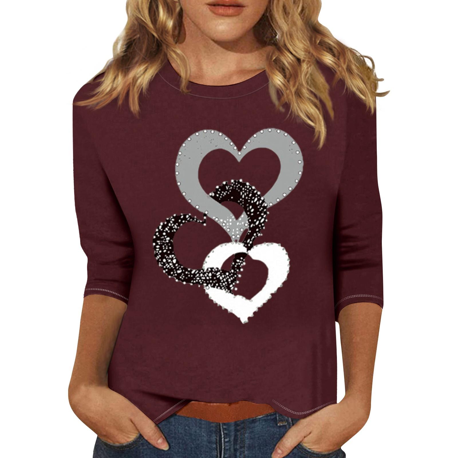 

Women s Fashion Casual Round Neck 3/4 Sleeve Loose Printed T-Shirt Ladies Top L винний