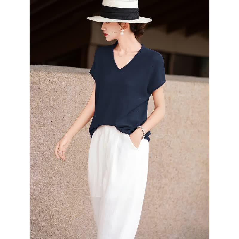 Women's V-Neck Short Sleeve Knitted Top