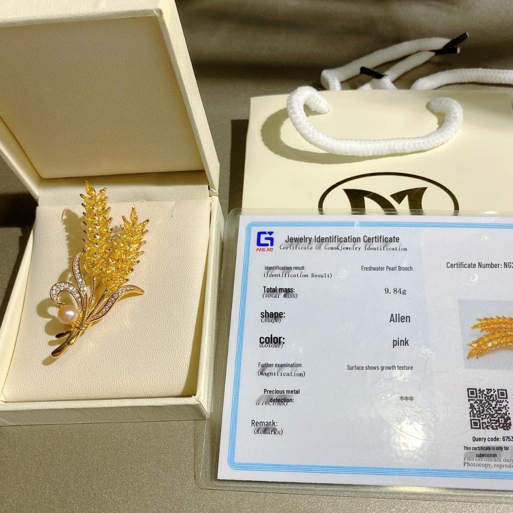 Broche Élégante Perle Blé Doré: Accessoire de Vêtement DIY en Cuivre Luxueux Zircon