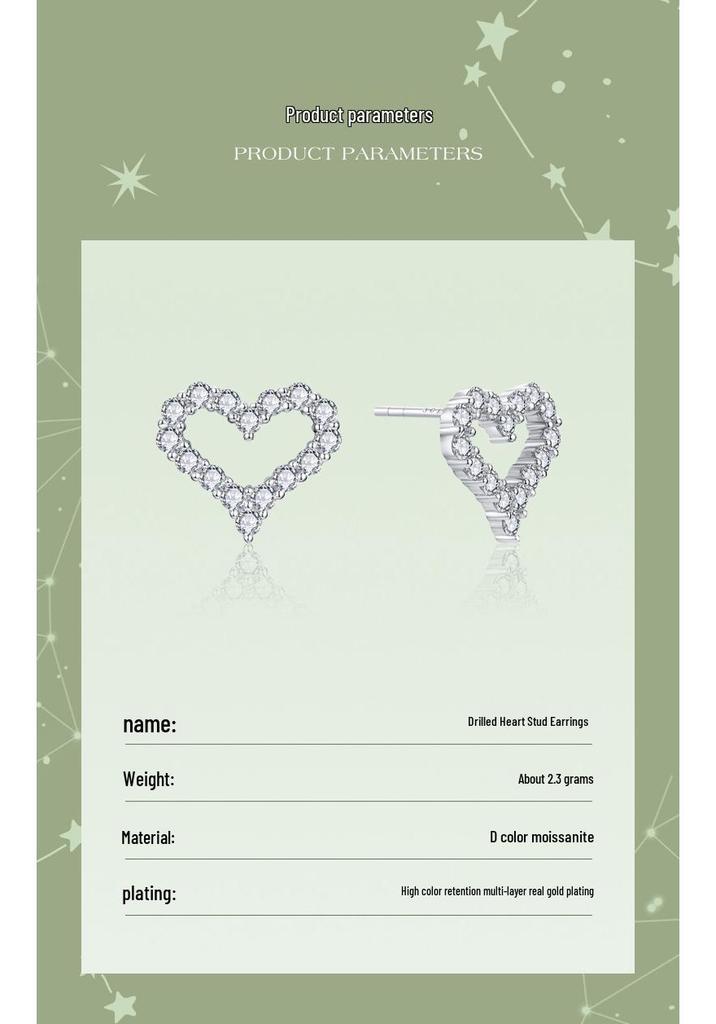 Elegant S925 Sterling Silver Moissanite Heart Stud Earrings for Women - Fashionable, Versatile, and Luxurious Heart-Shaped Jewelry.