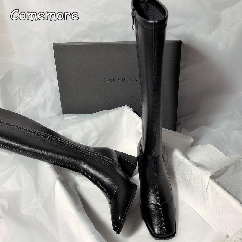 Comemore 2025 New High-heeled Tight Boots Simple But Knee-length Boot Square Head Female Ladies Shoes Luxury Sexy Heels