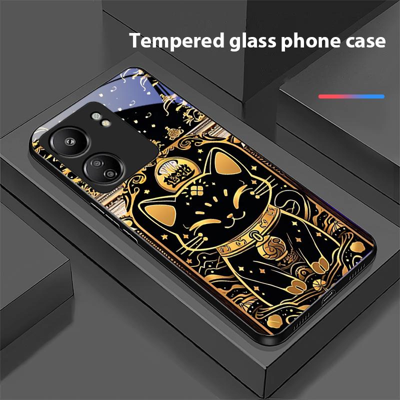 Schwarzes Gold Katze Für Xiaomi Redmi 13C Note13 12 Pro Plus 5G Note 9 13T Pro POCO X6 F5 F6 Schwarze Hartglas Handyhülle