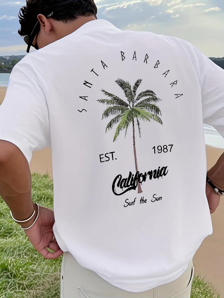 New Unisexs Vacation Coconut Tree Letter Printed Comfortable Breathable Round Neck TShirt Summer Outdoor Casual Top