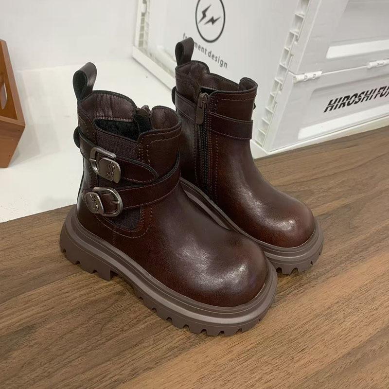 Autumn/Winter Fashionable and Versatile Leather Boots for Girls British Style Fleece-lined Short Boots Non-slip Soft-soled Cotton Boots