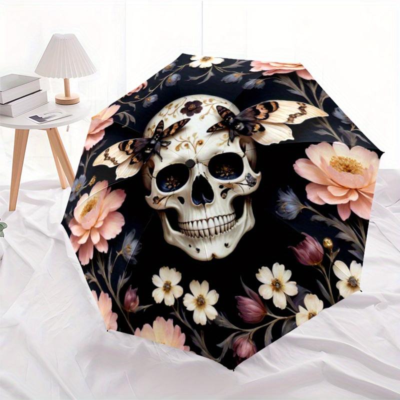 Skulls Roses Automatic Folding Umbrella Stylish Retractable Design For Outdoor Adventurest107
