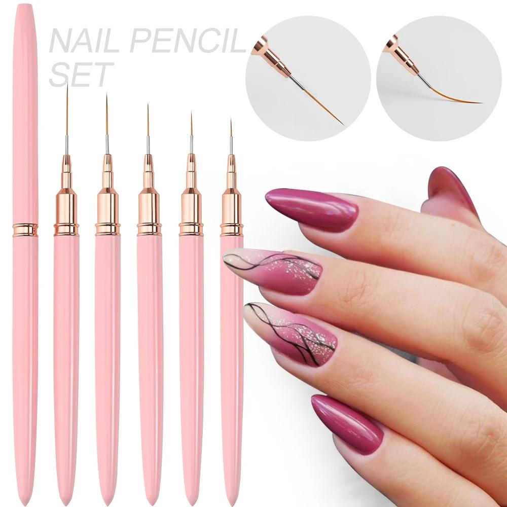 5Pcs/Set Nail Art Pen Set Brushes Manicure Tool Elongated Lines Striping Drawing UV Gel Painting Professional Nail Design Pen