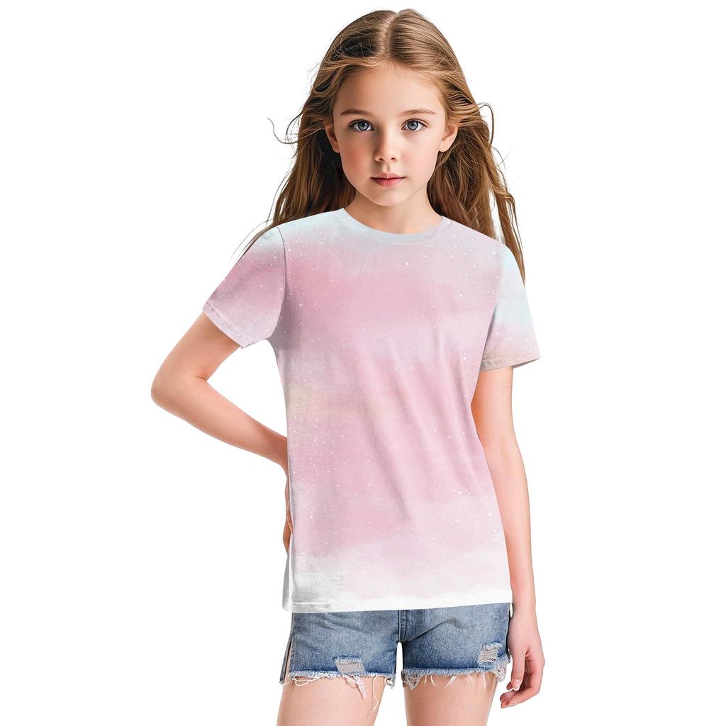 Cute Floral Print Loose Casual Fashion Round Neck Short-Sleeved Top For Children