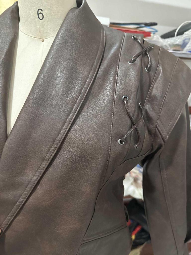 2024 Retro Lace-up Faux Leather Jacket with Lapel Shawl - Women's Casual Winter Fashion