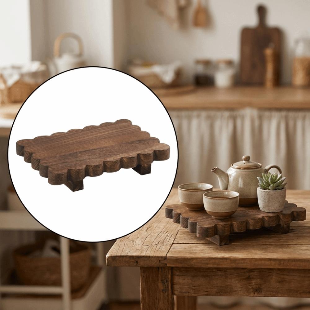 Scalloped Edge Wooden Storage Tray Solid Wooden Decorative Pedestal  Kitchen Display