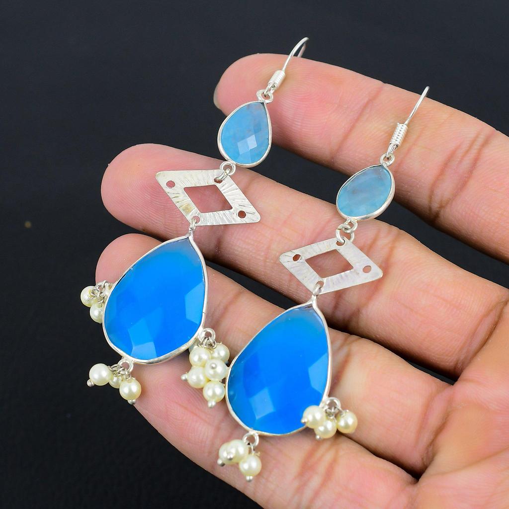 Halloween Sale 925 Silver Pear Natural Blue Sapphire Dangling Daughter Earrings
