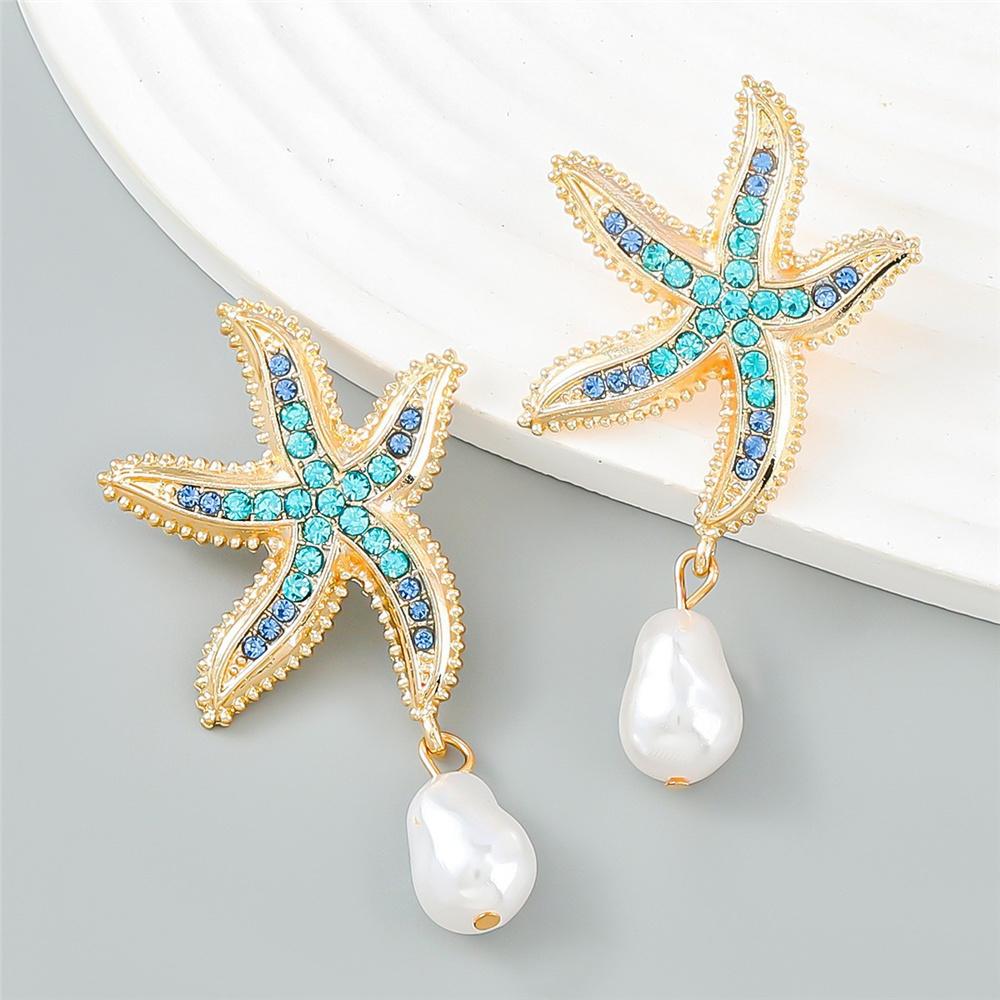 Luxury Female Crystal Blue Stone Gold Color Stud Earrings Cute Bridal Starfish Wedding Jewelry For Women