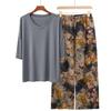 Pajamas Women's Spring and Summer New V-neck Short-sleeved Cotton and Linen Pants European and American Large-size Loungewear Two-piece Set