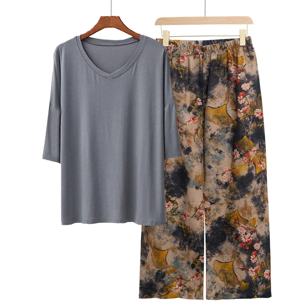 Pajamas Women's Spring and Summer New V-neck Short-sleeved Cotton and Linen Pants European and American Large-size Loungewear Two-piece Set