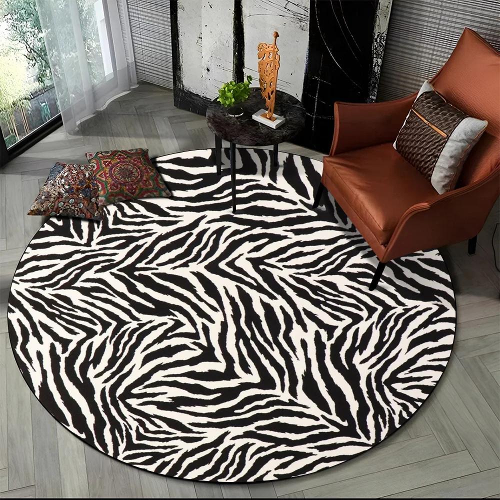 3D Barevný Pruhovaný Vzor Zebra Kulatý Koberec pro Obývací Pokoj, Ložnici, Dětský Herní Koutek Dekor, Protiskluzová Podložka do Zóny pro Domácí Mazlíčky