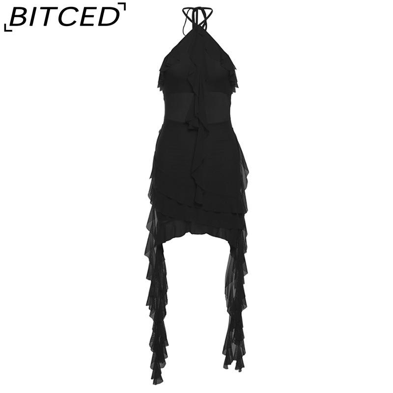 BITCED Autumn/Winter Women s Solid-Colour Slim-Fit High-Waisted Streetwear Halter Neck Backless Dress S