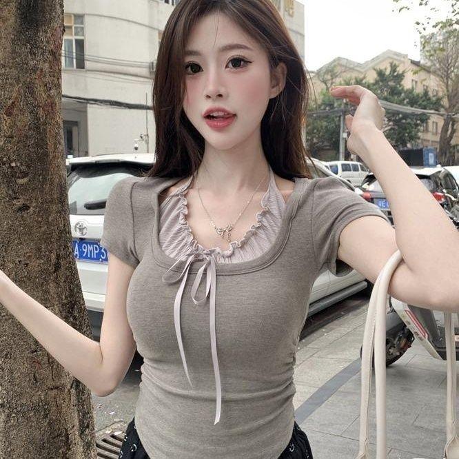French pure desire style sexy niche fashion neck fake two short-sleeved T-shirt slim irregular spice top ins