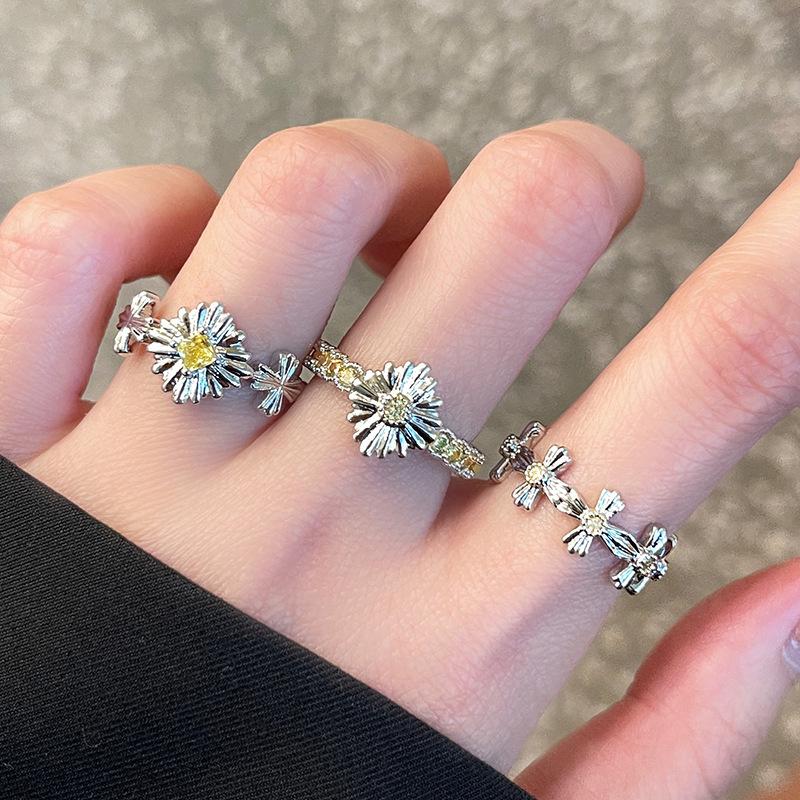 Rhombus Yellow Zircon Daisy Flower Opening Ring Personalized Niche Design Index Finger Ring Simple Fashion Ring Woman