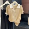 Women's Collar Short Sleeve Knit Top Regular Fit Japanese Korean Casual Cable Knit Sweater Knit Shirt