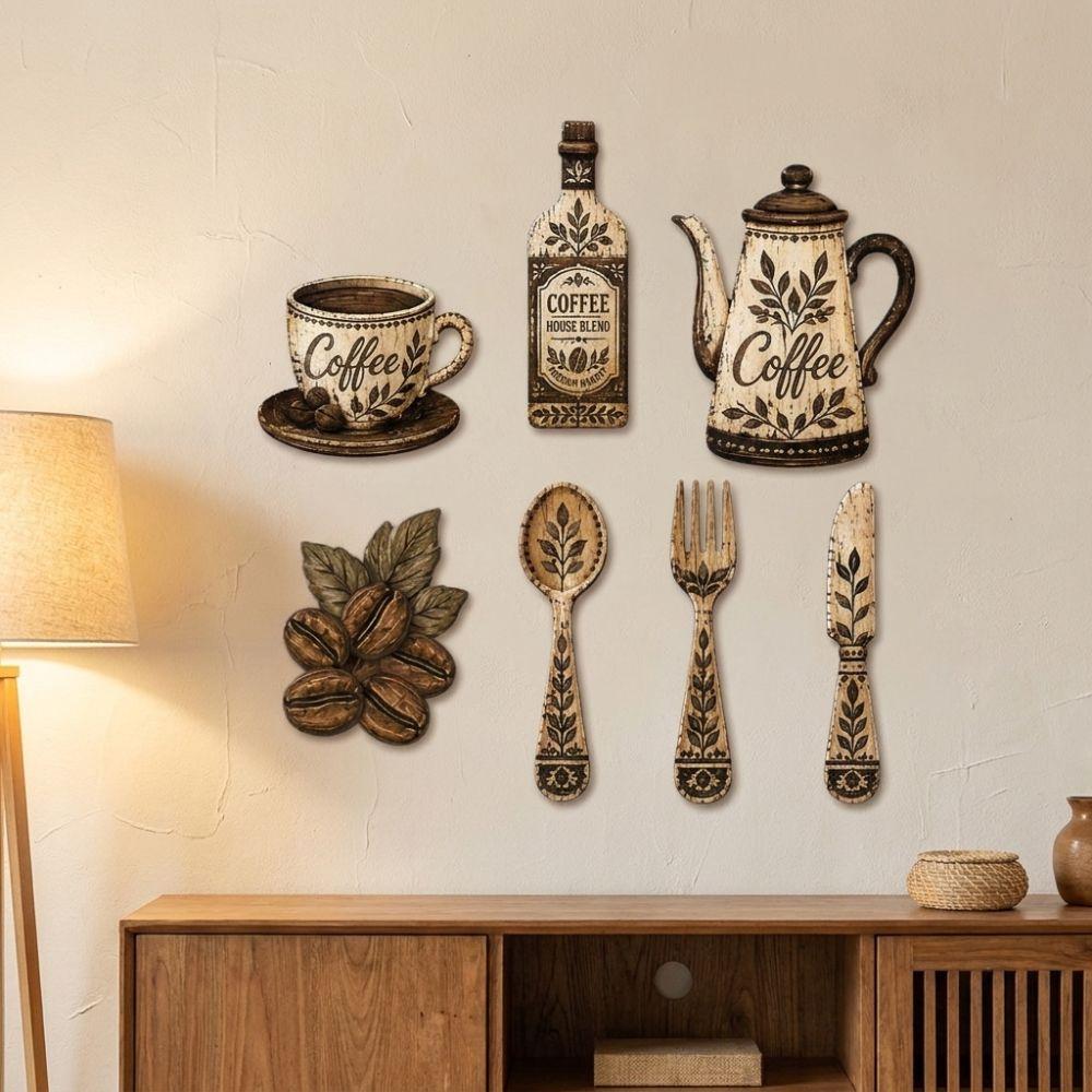 7Pcs Vintage Coffee Utensil Wooden Ornament Dining Room Wall Decor Set For Home Kitchen