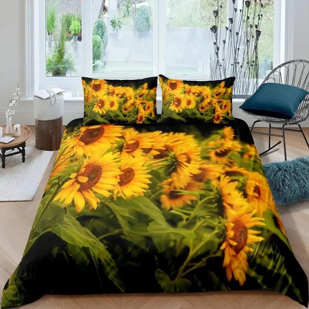 Set Copripiumino Girasoli Girasoli in Fiore Stampa Campo Set Biancheria da Letto per Bambini Moderno Pittura a Olio Copripiumino in Microfibra