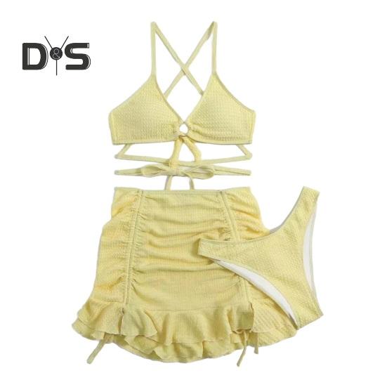 3-teiliges Badeanzug-Set für Damen, einfarbig, Wellenstruktur, sexy, geteilter Bikini mit Kordelzug, Rüschenbesatz, Rock, Schnürung, Strandmode