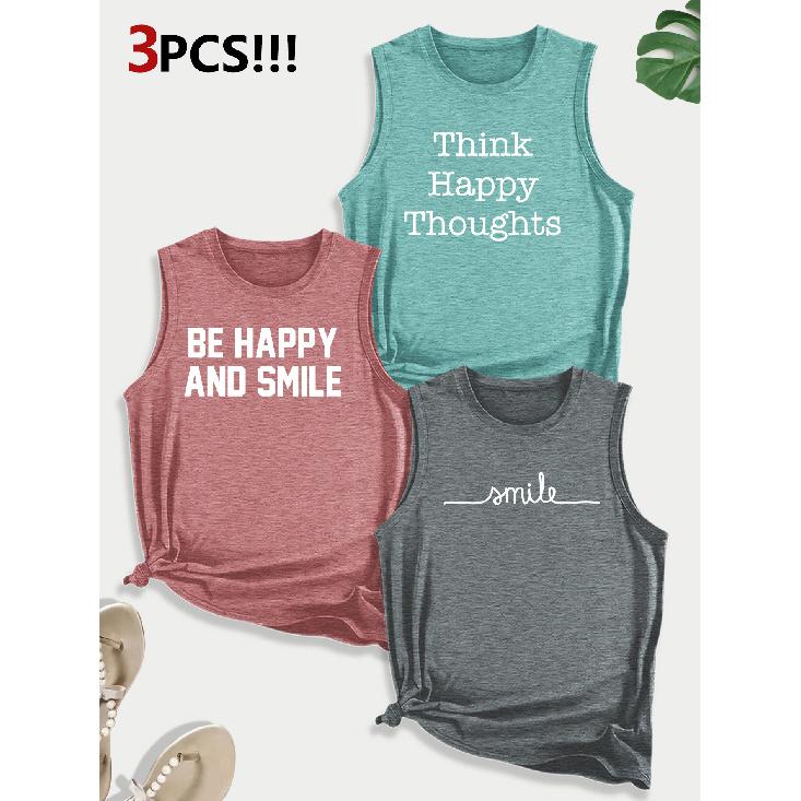 ThinkHappy Text Combination Gift Print Pattern Round neck3Pack of Sleeveless Vests for Women In Spring, Summer, and Autumn