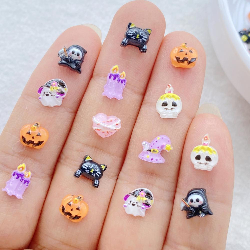 50pcs Resin Cute Mini Cartoon Halloween Black Cat, Ghost, Skull Candle Nail Art Flatback Rhinestone DIY Scrapbook Decor Crafts