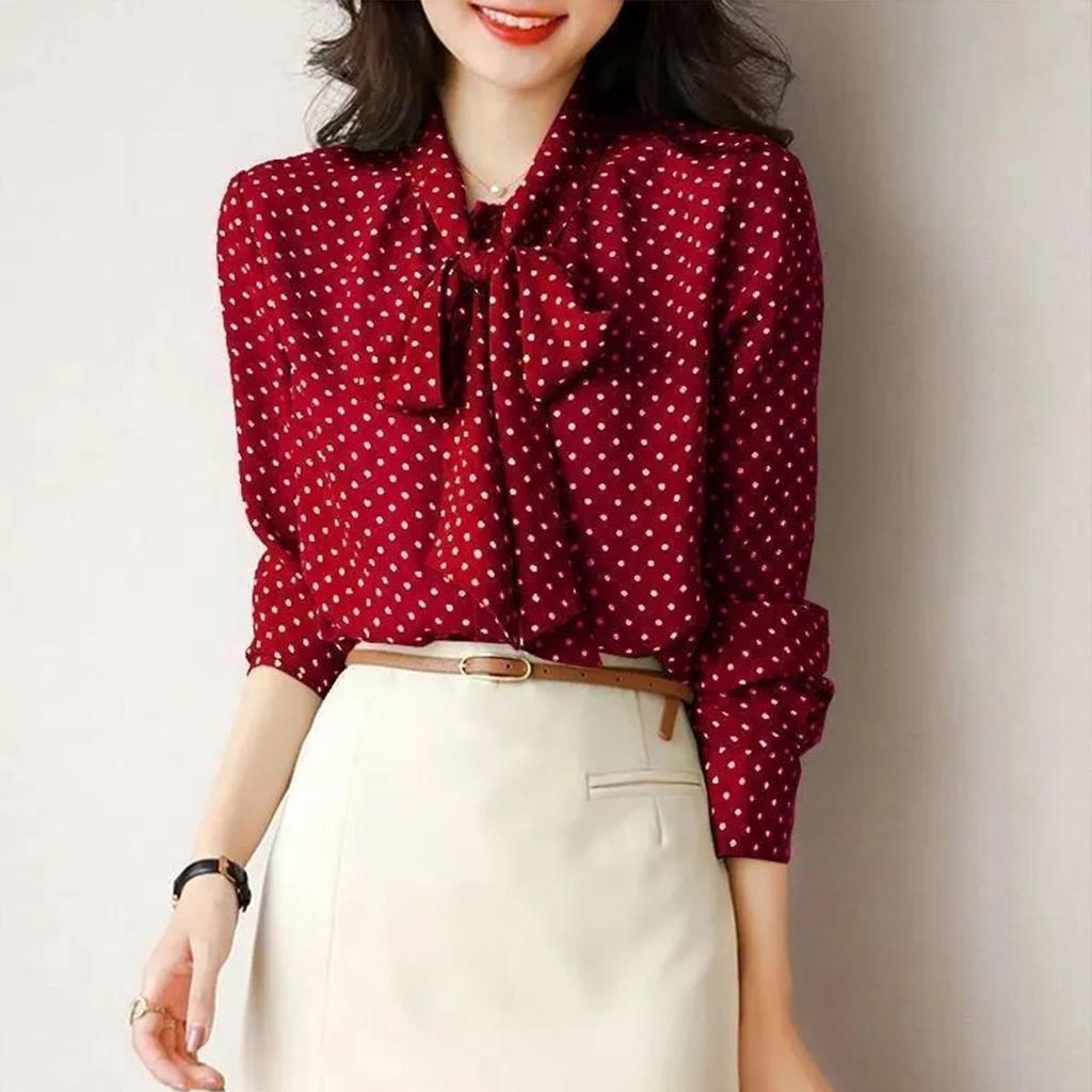 Jarní a podzimní košile Dámské puntíkovaný košilový límec Šněrovací Dlouhý rukáv Cardigan Tops na jeden knoflík Módní trend