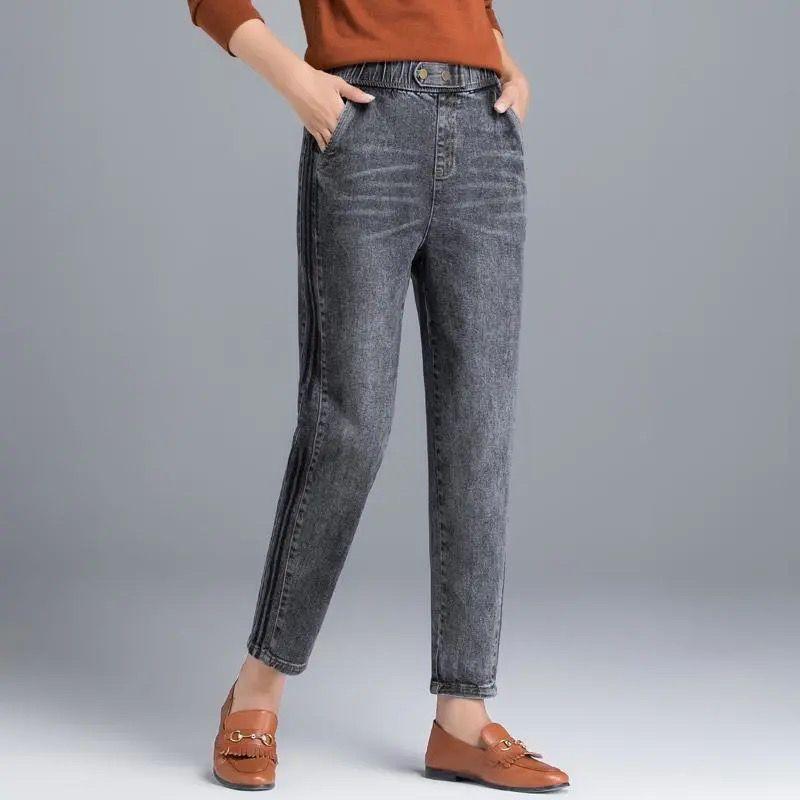 Spring Summer Oversize 80kg Ankle Length Harem Jeans High Waist Stripe Denim Pants Baggy Blue Woman Casual Spodnie Trouser