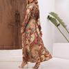 A-Line Dress Women Floral Print Ankle-Length Long Sleeve Casual High Waist Spring Summer V-neck Elastic Dresses