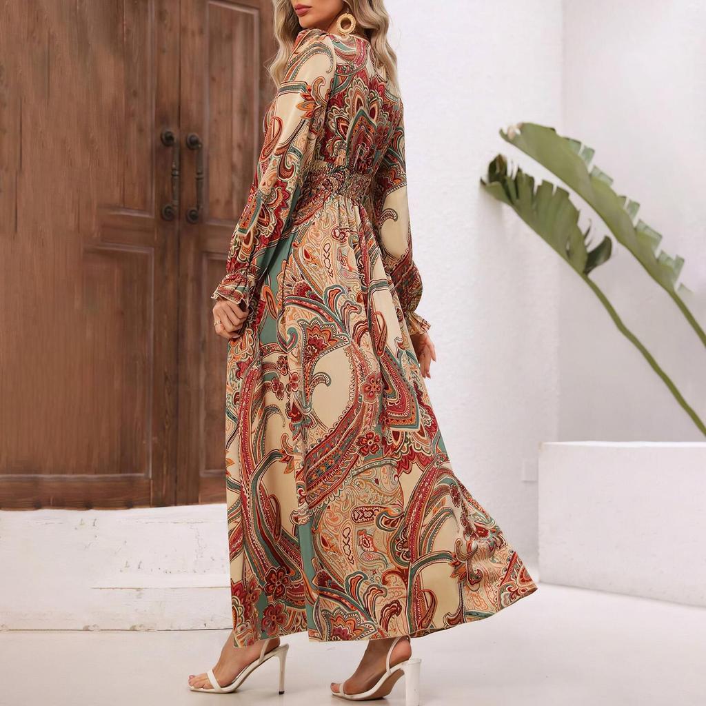 A-Line Dress Women Floral Print Ankle-Length Long Sleeve Casual High Waist Spring Summer V-neck Elastic Dresses