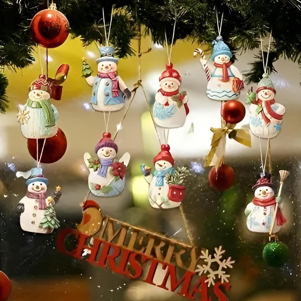 9PCS Christmas Ornaments Wooden Ornaments Set Snowman Figurines Decorations Wood Crafts Figurine Pendant Hangable for Holiday