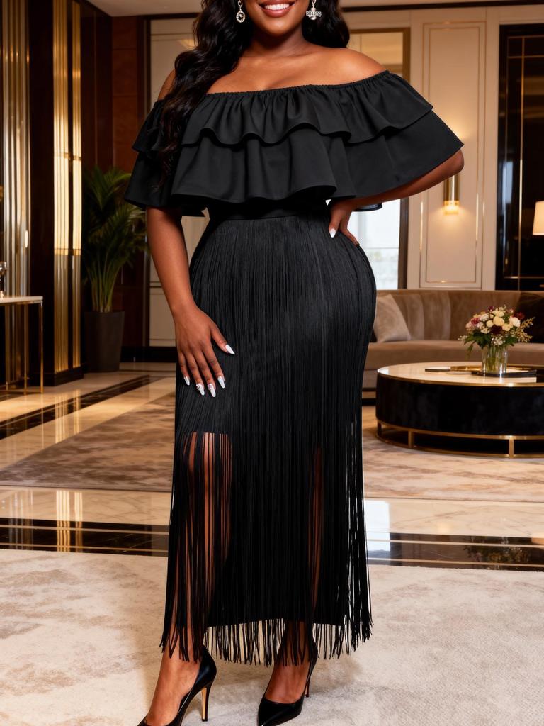 Gelbes One-Shoulder-Rüschenkleid mit Fransen-Saum in Übergröße