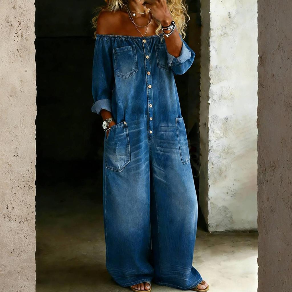Fashionable Women's Sexy Single Breasted Off Shoulder Wash Denim Jumpsuit