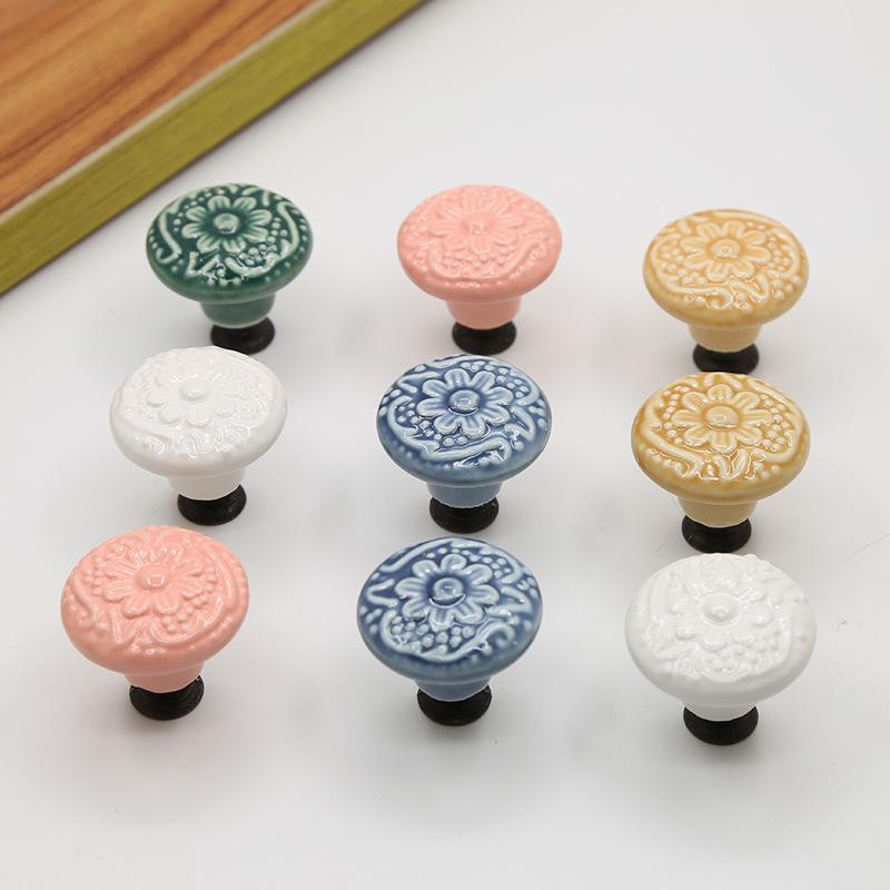 Ceramic Cabinet Drawer Door Knob Cupboard Wardrobe Embossed Round Pull Handle with 25mm Screw