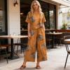 Women Fashion Printed 2-Piece Lounge Set Short Sleeve T-Shirt & Wide-Leg Pants Lightweight Breathable Spring Summer Autumn Suit for Casual Daily Wear