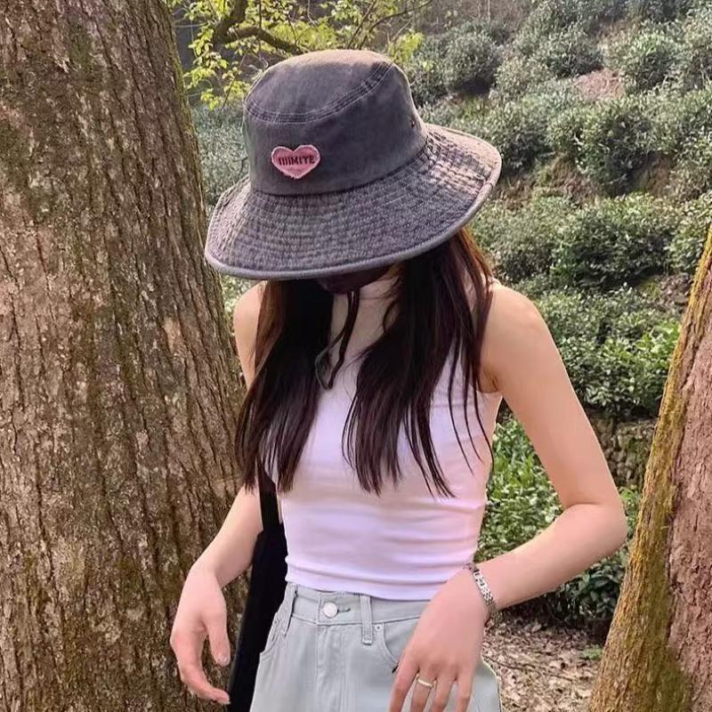 Retro Washed Love Cowboy Bucket Hats Women Spring Summer Outdoor Frenulum Sun Protection Sweet Pink Sun Hat Fisherman Caps