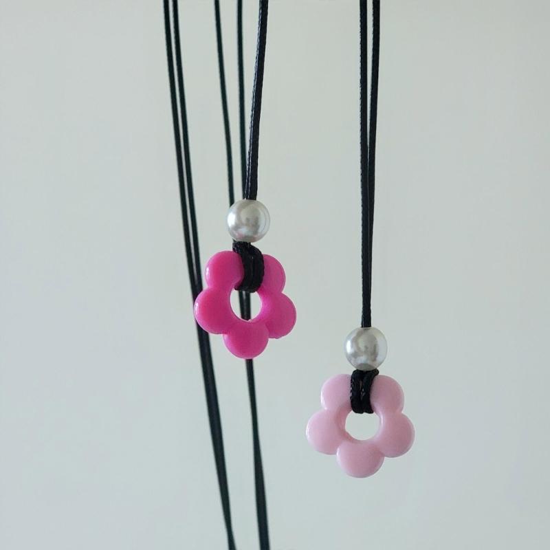 Sweet Cool Pearl Flower Pendant Necklace Fashion Summer Choker Wax Rope Lace up Collar Necklace Statement Jewelry