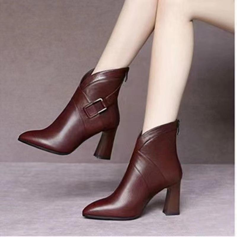 Sexy Damen Stiefel Herbst und Winter V-Ausschnitt Hohe Absätze Knöchelschuhe Stiefel Leder Stiefeletten Feminina Frau Hochzeitsfeier Schuhe