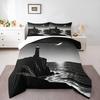 3 Piece Bedding Set Lighthouse Moon Ocean Silhouette Black White Minimalist Print Duvet Cover for Adult Room Decor