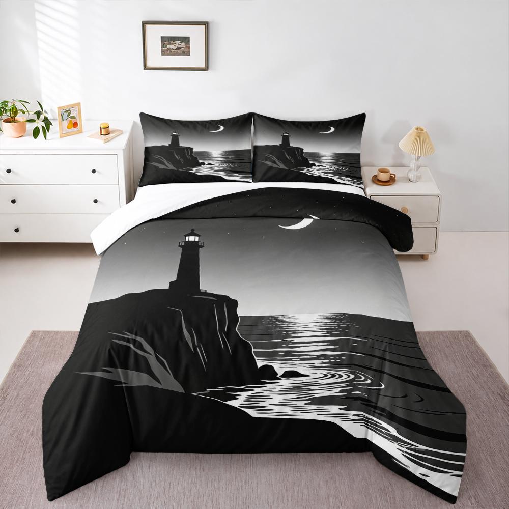 3 Piece Bedding Set Lighthouse Moon Ocean Silhouette Black White Minimalist Print Duvet Cover for Adult Room Decor
