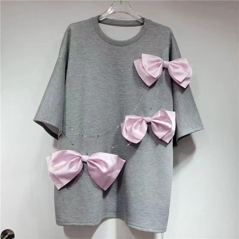 3D Bowknot Solid Cotton T-shirt Women Sweet Rhinestone O-neck Short Sleeve Shirts Female New Spring Fashion Design Tops